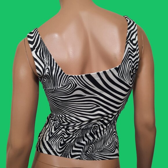Y2K Garage Sleeveless Top Black White Silver Funky Zebra Print Size M Stretch - Picture 5 of 8